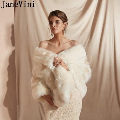 JaneVini Bridal Shawl Faux Fur Wrap Evening Dress Boleros Wedding Fur Coat Stole Women Capes Shrugs Etole Chic Party Jacket 2020
