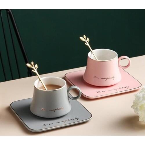 Creative European style Coffee Cup Saucer Set With Spoon Afternoon Tea Western Restaurant Pink Black Grey Ceramic Coffee