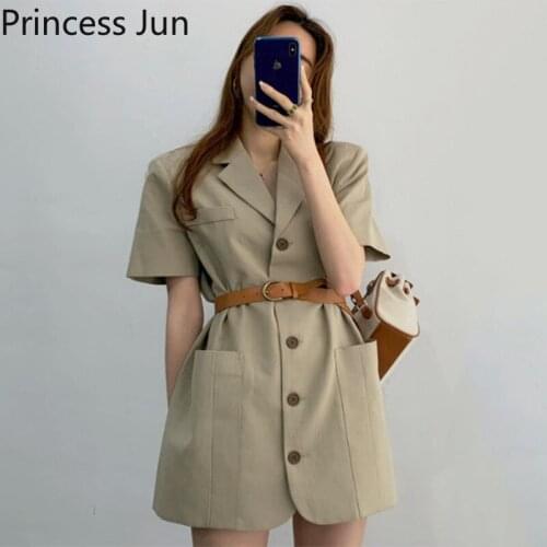 Fashion Women Elegant Single Breast Blazer Suit Dress Short Sleeve Belted Slim Waist Mini Dress OL Khaki White Work A Line Dress
