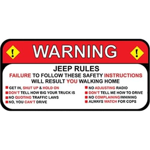 For Jeep Rules Warning Decal Sticker Wrangler Sahara Funny Vinyl Waterproof Car Styling Car Stickers 13cm X 6.3cm