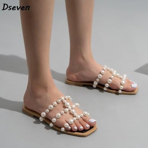 Pearl Transparent 2021 Women Sandals Summer Outside Beach Casual Flat-bottom Slippers Ladies Sweet Slippers Plus Size sandalias