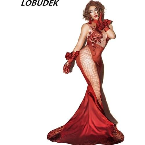 Sexy Red Rhinestones Stretch Skinny Mermaid Long Dress Fashion Evening Party Singer Host Wedding Prom Trailing Dress Spandex