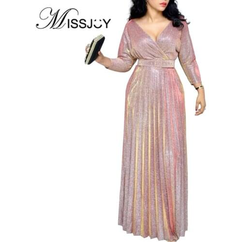 MISSJOY Pleated 3/4 Sleeves V-Neck 2020 Summer For Party Dresses Women Formal High Waist Belted With Pocket Long Clothing Ladies
