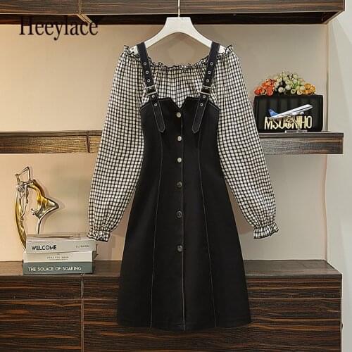 Plus size women autumn plaid strap dress korean slash neck sexy off shoulder button long sleeve patchwork fake two piece dresses