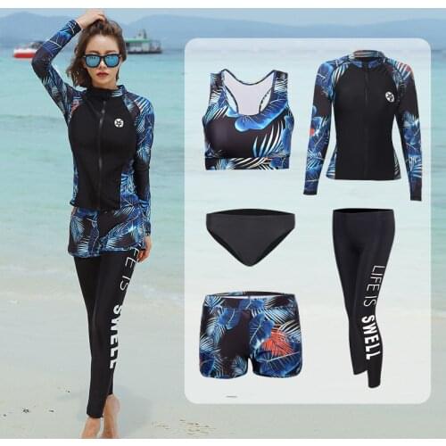 Long Sleeve Rash Guard Women Patchwork 5 Pieces Swimsuit Swimwear Bathing Suit Surfing Paded Long Pant Couples Men Beach Zipper