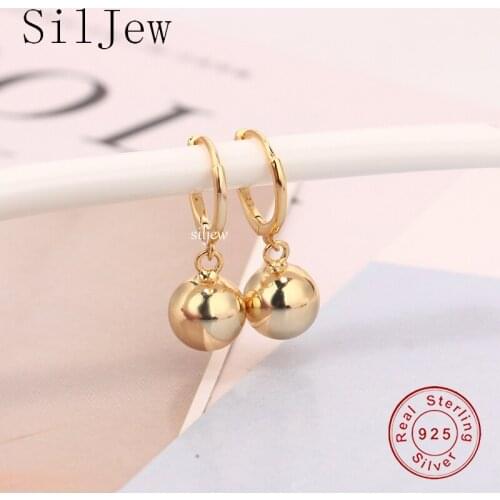 SilJew 100% 925 Sterling Silver Elegant Glossy Round Sphere Pendant Hoop Earring for Women Charms Styles Jewelry Gift Oorbellen