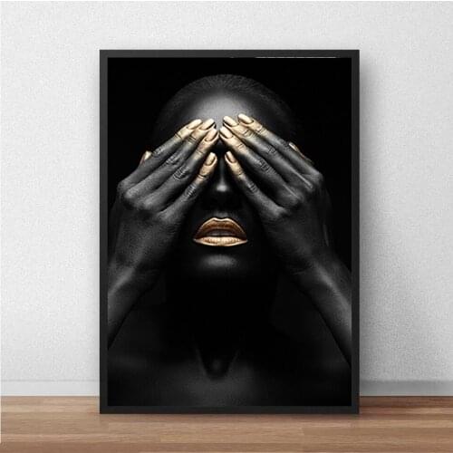 HD Print African Mural Black Hand and Gold Lips Woman Modern Wall Art Living Room Home Decoration Poster