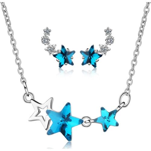 Jewelry For Women Accessories 925 Sterling Silver Set Blue Star Crystal Stud Earrings Wedding Necklaces Fashion Party Girl Gift