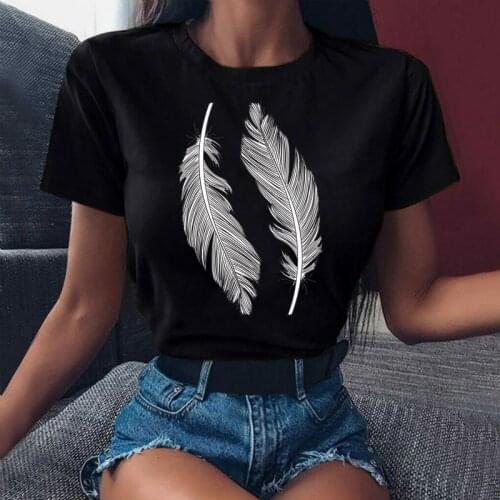 Fashion Women Tshirts Feather Bird Print Casual O-neck Short Sleeve T-shirt Summer Harajuku Loose Plus Size Tshirt Lady Tops