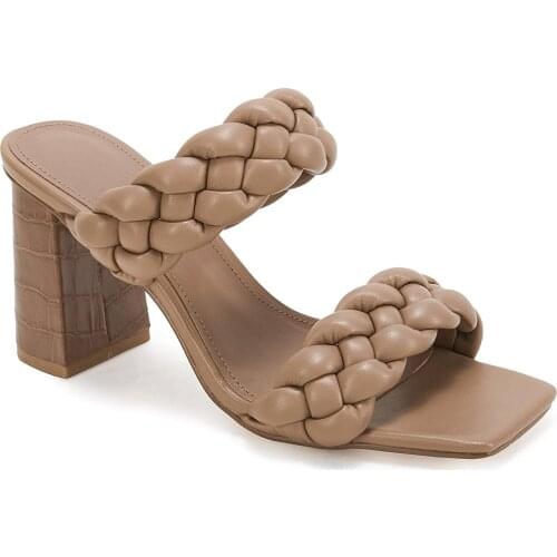 Womens Woven high-heeled sandals open back square open toe thick heel lace up one foot shoes