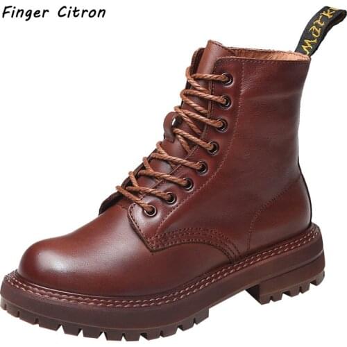 Finger Citron Genuine Cow Leather Women Anckle Boots Round Toe With Round Waxy Lace Rubber Outsole Classic And Slim Size 35-42