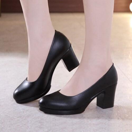 Plus Size 32-43 Round Block Heels Pumps Women Shoes 2021 Spring Shallow Med Heel Black Formal Dress Shoes Elegant Office Shoe