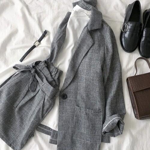 2020 Spring summer Women two piece set Casual tops + shorts plus size plaid Top Female Office Suit Set Womens 2 Piece Set