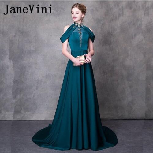JaneVini Beaded Crystal Long Bridesmaids Dresses 2018 A-Line Satin High Neck Sexy Backless Sweep Train Women Pageant Prom Gowns