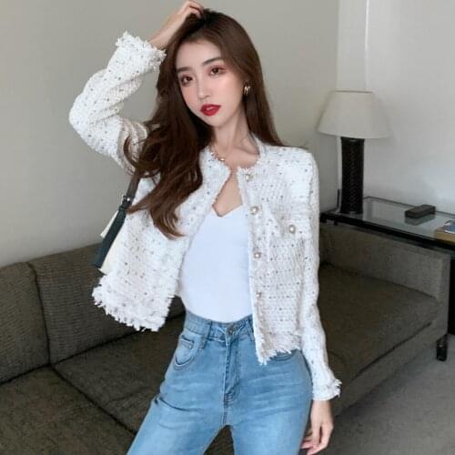 Plaid Tweed Jackets Women O-Neck Pearls Single Breasted Woolen Coats Long Sleeve Luxury Pockets Vintage Outwear Autumn C796