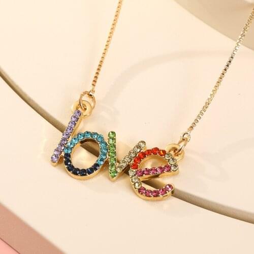 2021 New Style Simple L O V E Letter Necklace Fashion Charm Women Colour Zircon Plated Gold Necklace Elegant Lady Party Jewelry
