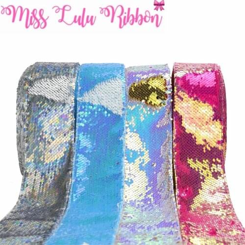 3"75mm Double Color Reversible Sequin Ribbon Shocking Pink Rainbow Silver DIY Wedding Gift Bowknot Hair Band Making 25yards/roll