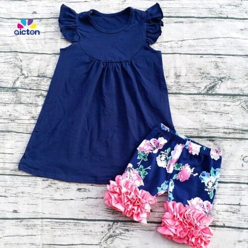 AICTON Fashionable Girl Boutique Clothing Set With Navy Floral And Ruffle Shorts Girl Suit Child Clothing