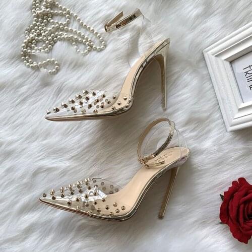 Free shipping women pumps pvc clear gold spikes point toe slingback high heels shoes 12cm 10cm 8cm party wedding shoes
