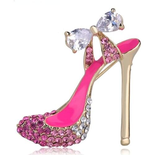 Blucome New fashion High Heel Crystals Shoes Brooch Gold Color Red Enamel Brooches Jewelry Pins Women Party Clothes Accessories