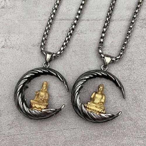 Buddhist Meditation Feather Buddha Pendant Men Necklace Punk Stainless Steel Tathagata Buddha Statue Guanyin Pendant Jewelry