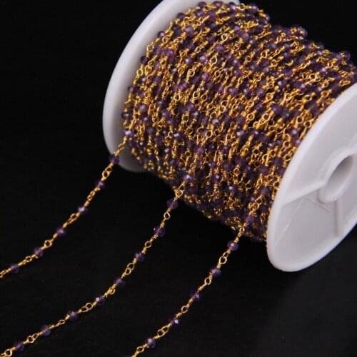 5Meter Purple Crystal Quartz Faceted Beads Chain,Natural Amethysts with Gold Wire Wrapped Rosary Chain Necklace Bracelet