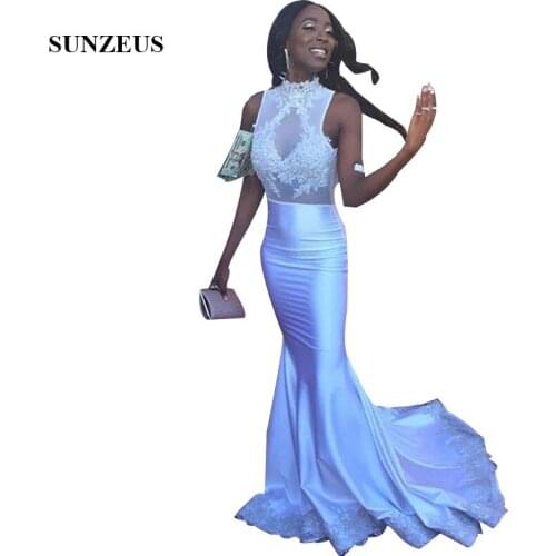 High Neck Appliques Prom Gowns Mermaid Long Ivory Dress For Black Girls Sleeveless Illusion Bodice Prom Kleid