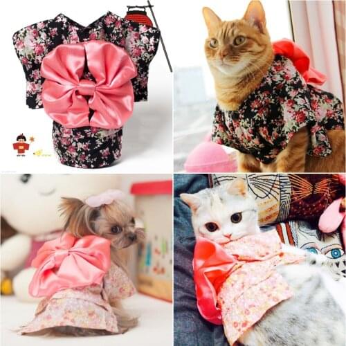 Japan Style Pet Cat Kimono small flower pet clothes dog cat kimono with Big bowknot Dress up necessary For Small Dog Cat