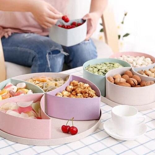 Creative Multi-grid Candy Box with Lid Serving Platter Snack Fruit Tray for New Year Dried Fruit Box Coffee Wheat Straw Tray