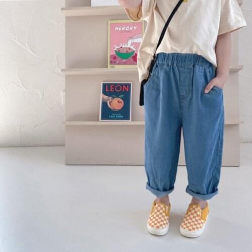 Summer boys thin cotton loose jeans Kids girls cool all-match solid color denim pants