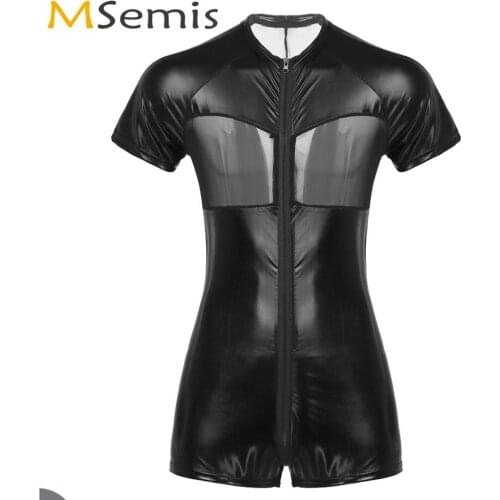 Men Bodysuit Shiny Metallic Mesh Splice Catsuit Nightclub Pole Dance Skin-Tight Leotard Fashion Crew Neck Wetlook Short Jumpsuit