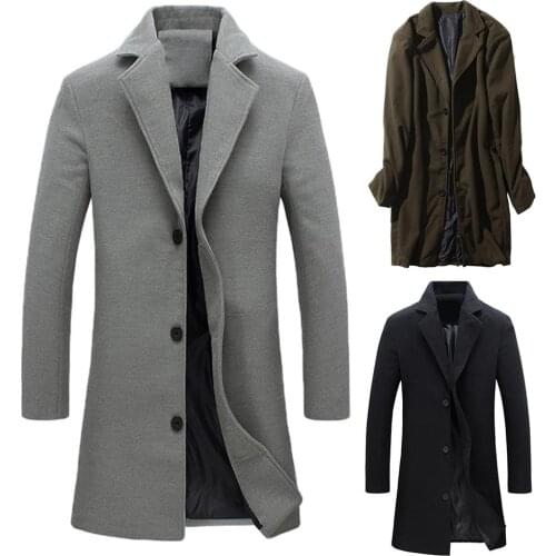 Men Winter Coat Lapel Collar Wool & Blends Single-breasted Pockets Plus Size Trench Coat manteau Black Grey homme пальто мужское