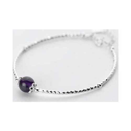 Authentic Real. 925 Sterling Silver Fine Jewelry Natural Amethyst Stone with Flower Chars Engraved Bangle cuff Bracelet GTLS673