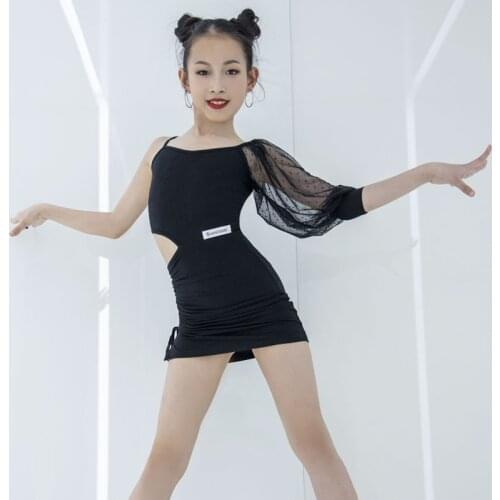 New Summer Latin Dance Clothes Girls Lace One Sleeve Black/Purple Practice Clothing Rumba Tango Samba Cha Cha Dresses DWY5849