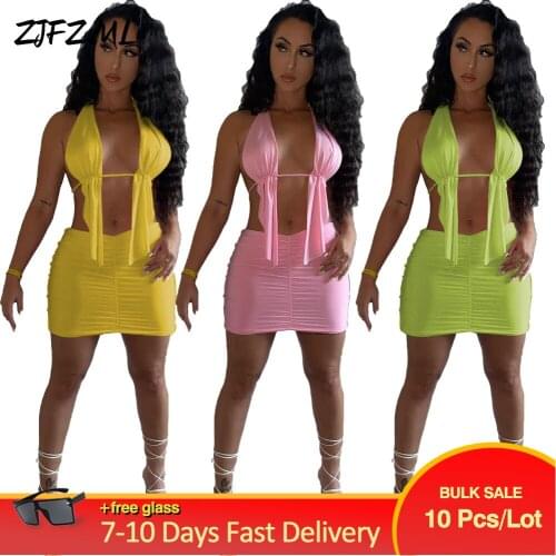Bulk Items Wholesale Lots Party Clubwear 2 Piece Set Woman Cold Shoulder Open Back Cleavage Top and High Waist Mini Skirt Suit