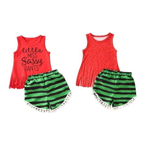 1-6Y Summer Lovely Baby Girls Boys Clothes Sets Letter Sleeveless Tassel Red Vest Tops+Green Striped Shorts