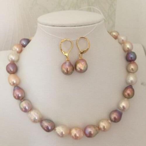 Sets of 12-13mm south sea baroque multicolor pearl necklace 18"&earring 14