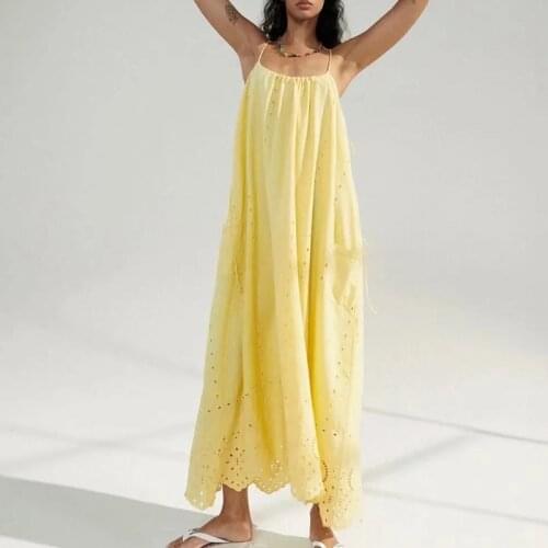 Za Dresses For Womens Camisole Maxi Dress Yellow Embroidery Fashion Vestidos Mujer Solid Spaghetti Strap Bow Robes Woman Dress