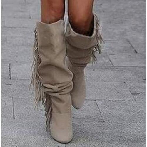 Latest name tassel knee high women winter boots fashion side fringe high heel long suede leather boots hot selling boots
