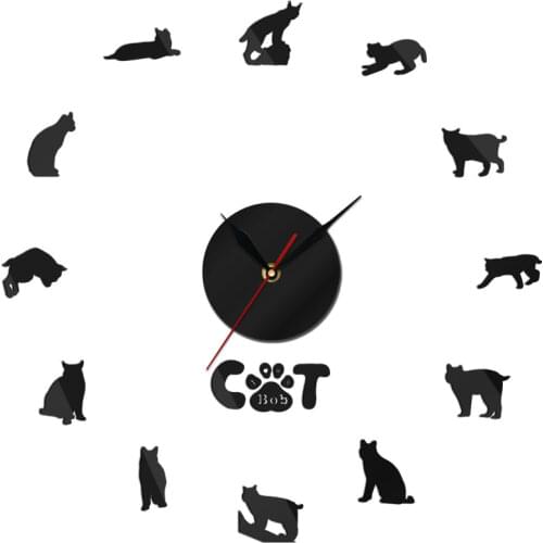 I Love Bob Lovely Cat Big Time Mirror Clock Watch Art Living Room Bedroom Mute Wall Clock Self-adhesive Christmas Gift