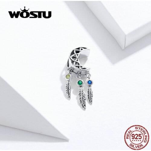 WOSTU Moon Dreamcatcher Feather Charms 100% Real Sterling Silver Fit Bracelet & Bangle Pendant For Women Jewely FIC1232
