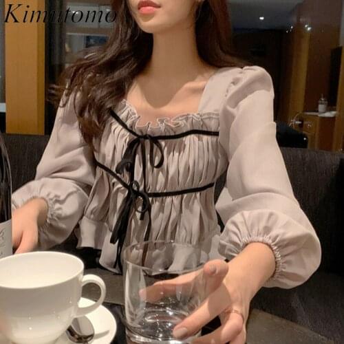 Kimutomo Chic Vintage Blouse Women French Style Panelled Lace Up Shirt Ladies Square Collar Lantern Sleeve Tops Elegant
