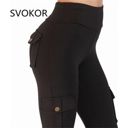 SVOKOR Women Fitness Pants S-XL Fashion Black Many Pocket Polyester High Waist Leggings Elasticity Workout Women Pants