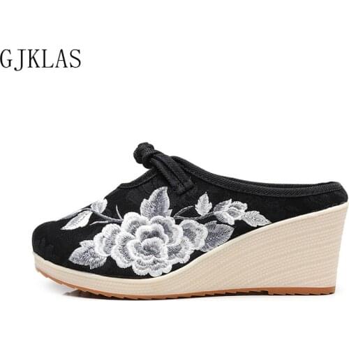Embroider Wedges Shoes for Women High Heels Canvas Slippers Women Shoes Casual Fashion Size 41 Red Black Shoes Woman Slippers