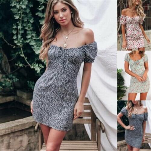 Women Summer Floral Print Dress Off Shoulder Wrap Mini Short Sleeve Evening Party Dress Ladies Holiday Beach