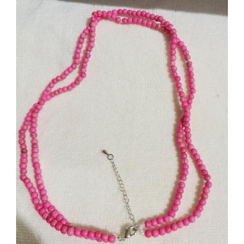 2 rows Charm jewelry 4mm bright pink stone handmade Necklace chain clasp fashion woman 14'' 35cm 18'' 45cm