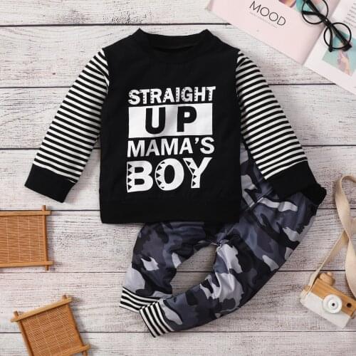 Infant Baby Boys 2Pcs Fall Outfits, Long Sleeve Letter Print Pullover Tops + Camouflage Pants Set 0-3T 2021 New Fashion