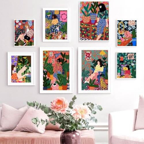 Abstract Fashion Vintage Girl Plant Dog Wall Art Canvas Painting Nordic Posters And Prints Wall Pictures For Living Room Decor