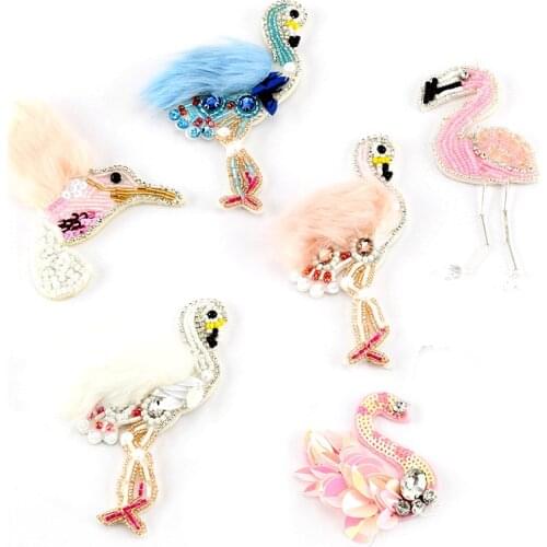 Sequin Fur Flamingo Bird Swan Patches for Clothes Sew on Clothing Rhinestone Beaded Applique Beading Badge Stripes Accessories