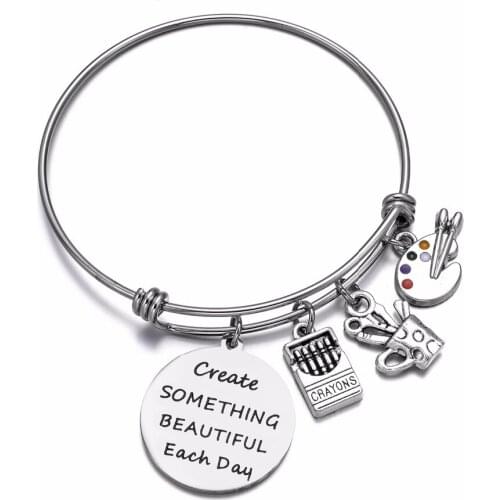 Crayons Paint Palette Brush Charm Bracelet Create Something Beautiful Each Day Girls Bangle Inspiration Jewelry Gifts for Artist